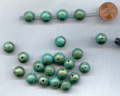 (image for) TURQUOISE GREEN GOLD SPLASH 12mm. ROUND BEADS - Lots of 12
