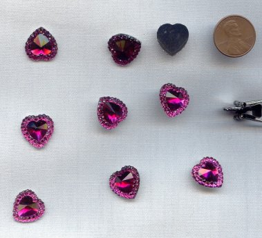 Fuchsia Jewel Faceted Framed - 15mm. Heart Cabochons - Lot of 72