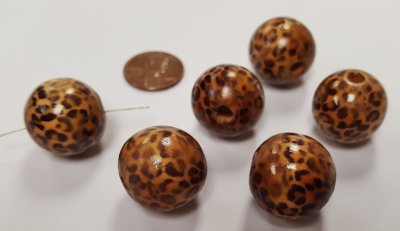 WOOD 19mm. ROUND ANIMAL LEOPARD PRINT BEADS - Lots of 12