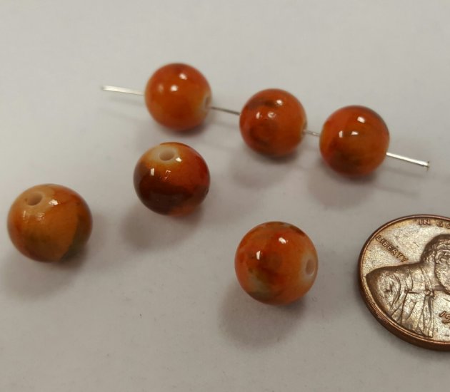 (image for) ORANGE MARBLED 10mm. SMOOTH ROUND BEADS - Lot of 12