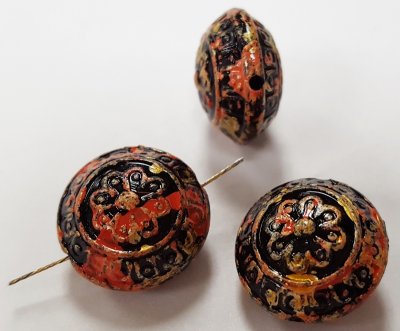 BLACK RED 15x10mm. GOLD SWIRLED CARVED FLOWER BEADS - Lots of 12