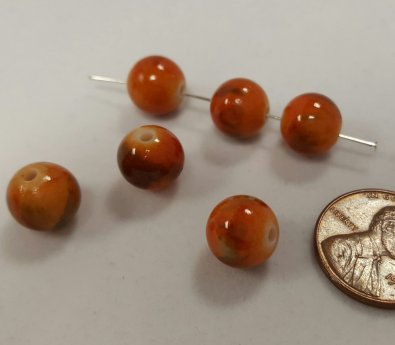 ORANGE MARBLED 10mm. SMOOTH ROUND BEADS - Lot of 12