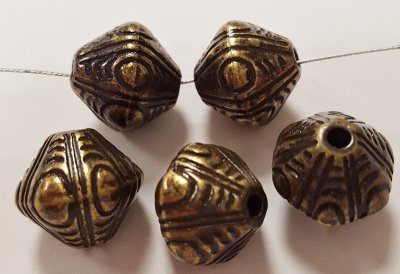 ANTIQUE GOLD 12mm UNIQUE GROOVED TRIBAL BICONE BEADS - Lot of 12