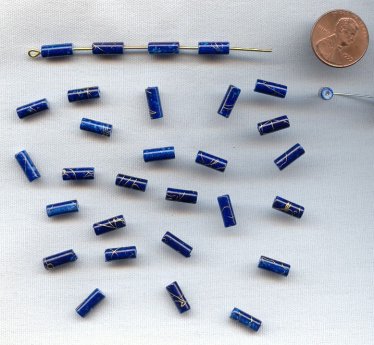 BLUE GOLD DRIZZLE 10x4mm. TUBE BEADS - Lots of 24