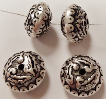 ANTIQUE SILVER 10x17mm. VICTORIAN CARVED SAUCER BEAD - Lot of 12