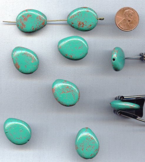 (image for) GREEN TURQUOISE BRONZE - 25x20mm. FLAT DROP BEADS - Lots of 12